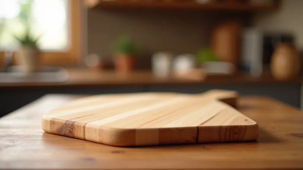 Finished wooden cutting board on kitchen counter with bread and knife
