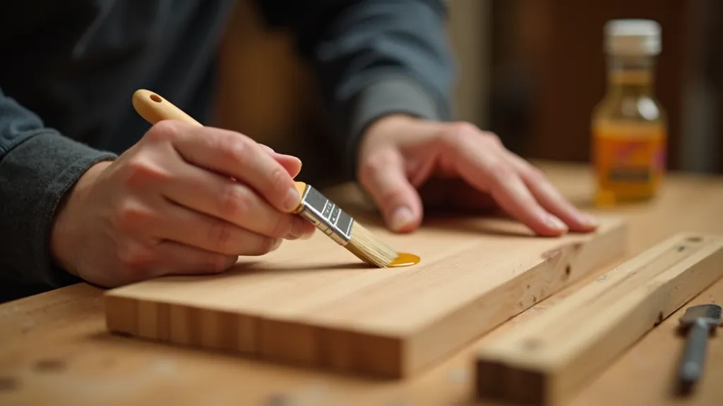 Hand applying food-safe finish to wooden cutting board with small brush, mineral oil bottle visible on workbench