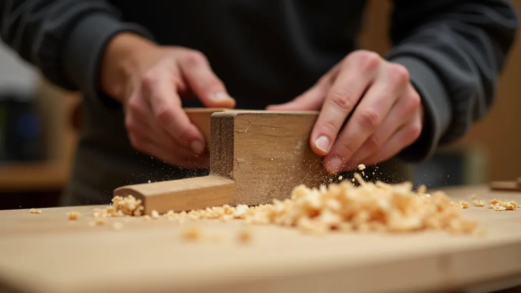 Hand planing wood surface, showing wood shavings and craftsmanship in action