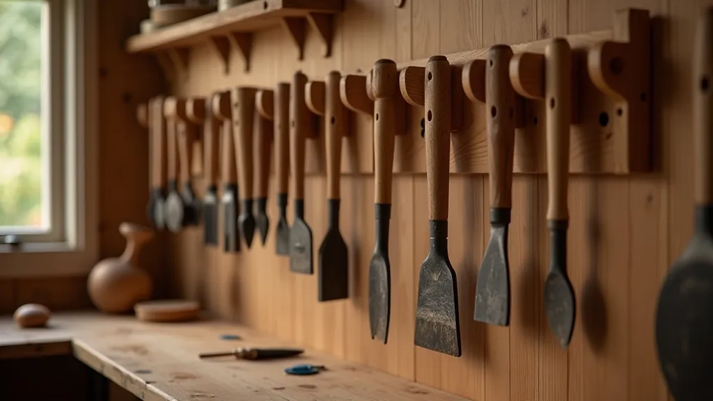 Hand tools hanging on wooden wall rack, organized and clean, workshop environment with natural light
