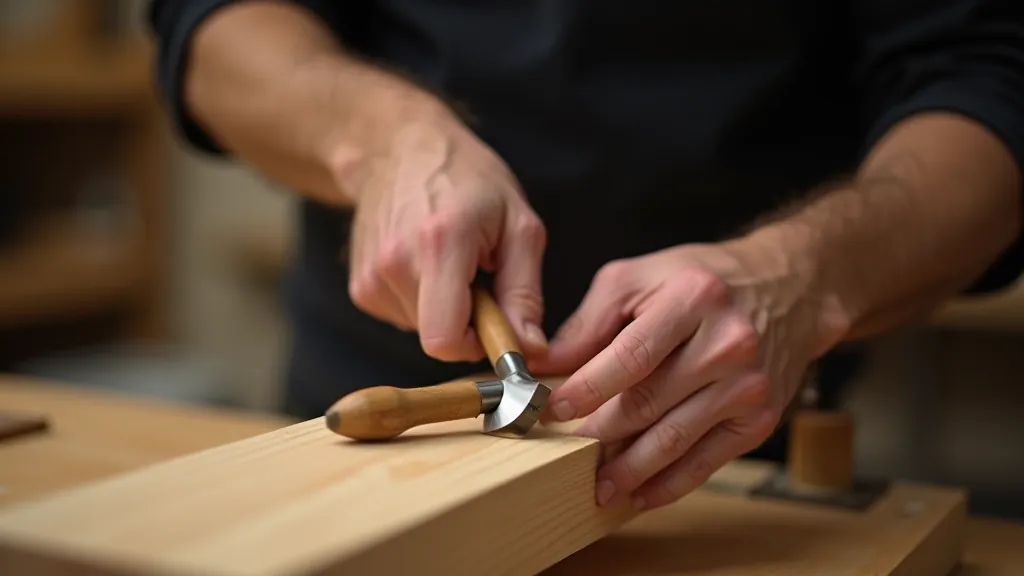 Close-up of hands demonstrating proper tool grip and hand positioning while using a hand plane on a piece of wood