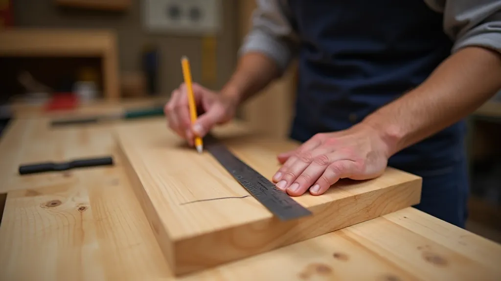 Close-up of hands measuring wooden board with metal ruler and pencil, workbench with tools visible in background