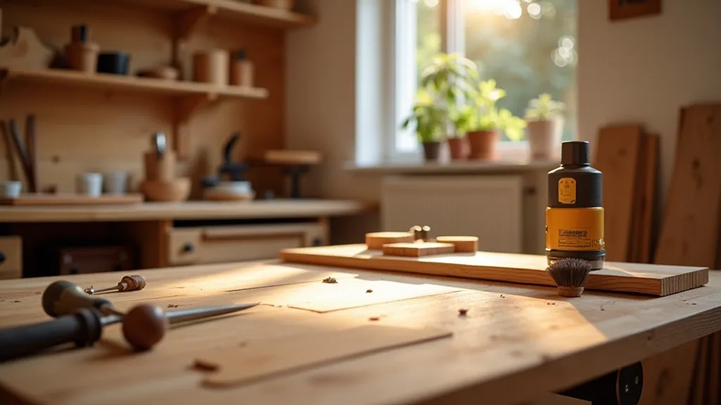 Woodworking workshop with timber samples and hand tools on workbench