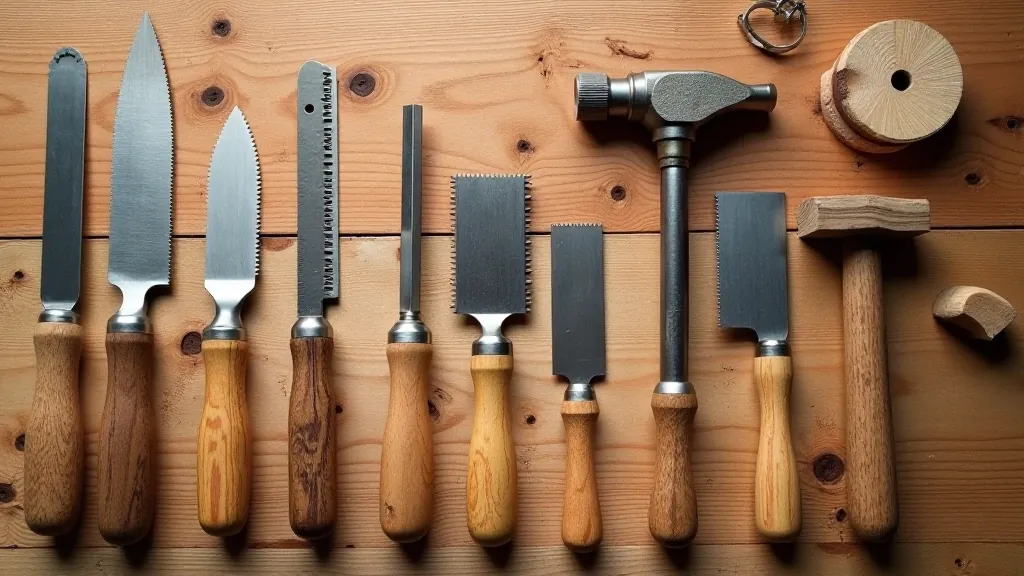 Organized workshop hand tools arranged on wooden workbench