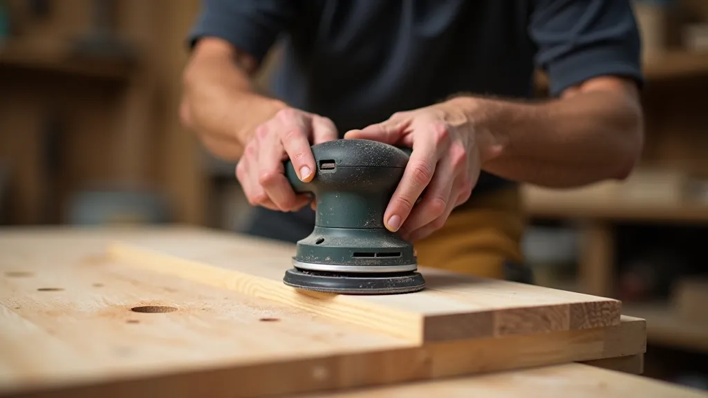 Wooden cutting board being sanded with electric sander, sawdust visible, hand guiding sander across board surface