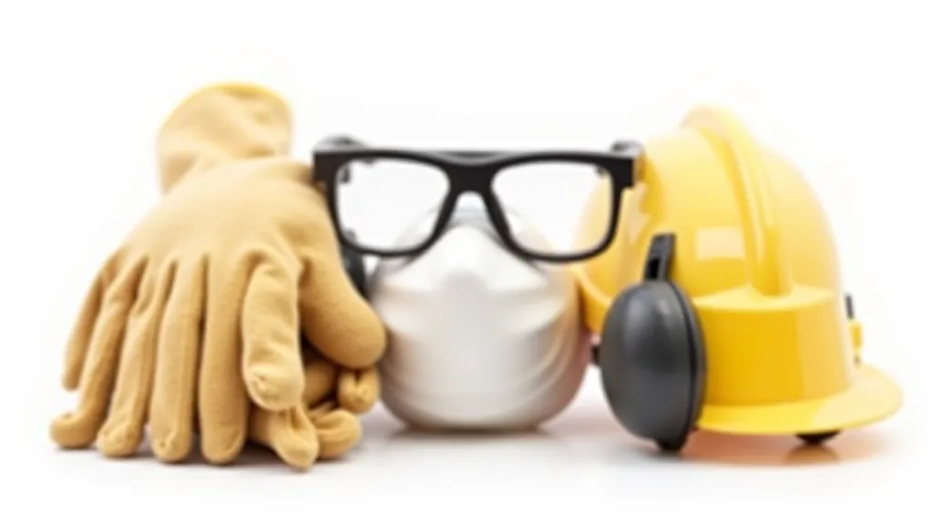 Collection of safety gear laid out neatly: safety glasses, work gloves, dust mask, hearing protection, and safety apron on white surface