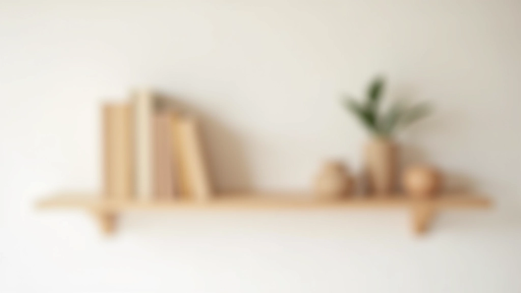 Simple wooden shelf mounted on white wall holding books and decorative items