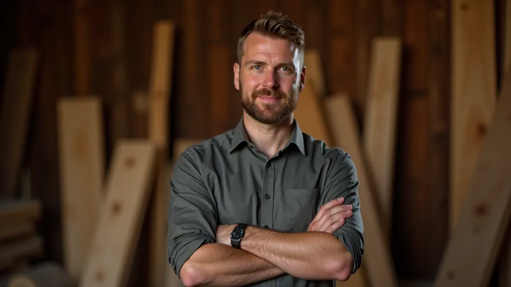 Portrait of timber specialist in wood storage area, surrounded by different wood samples