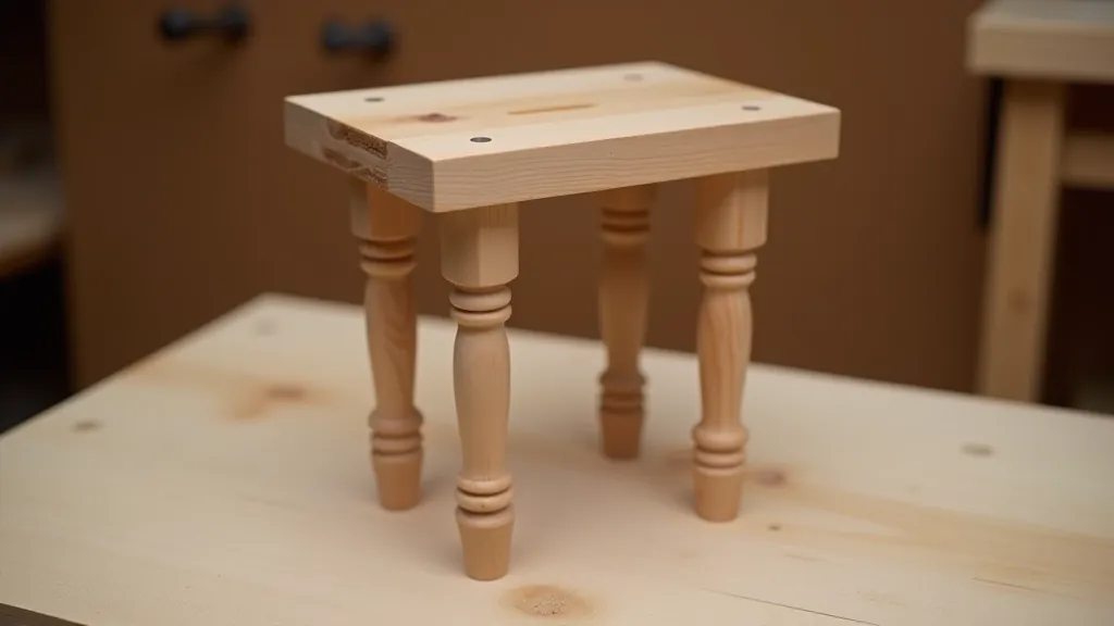 Finished wooden stool with turned legs, sitting on workshop floor