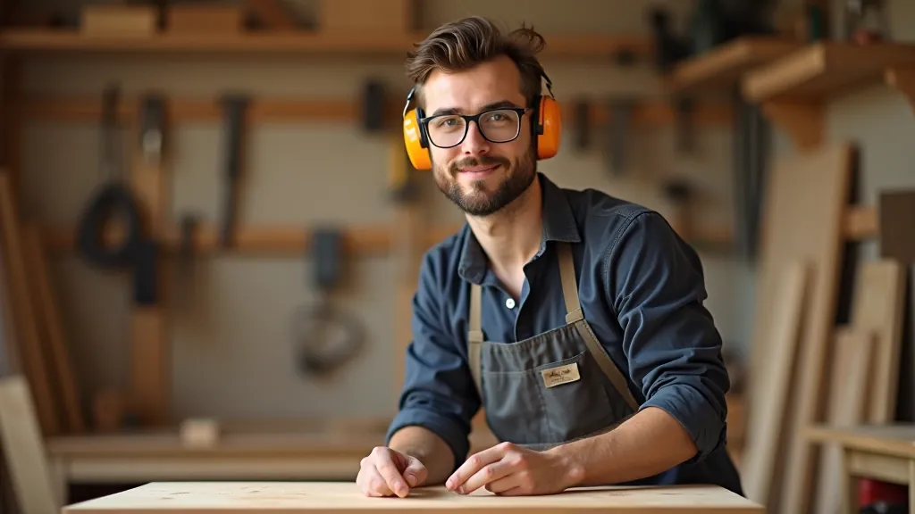 Woodworker wearing safety glasses and hearing protection in workshop
