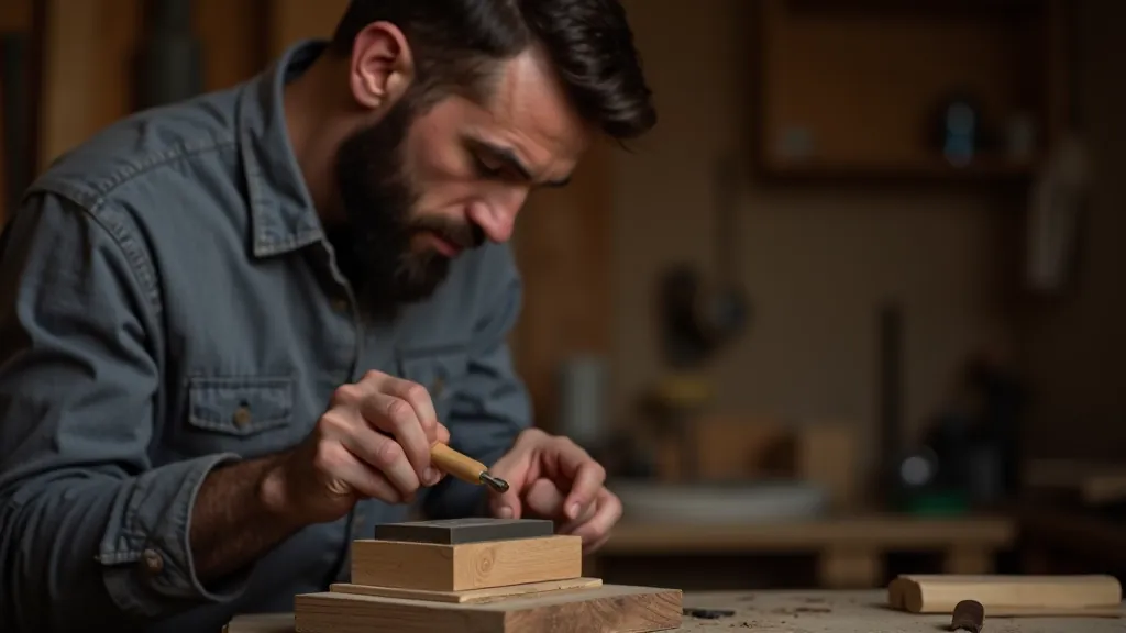 Close-up of woodworker sharpening a chisel on a whetstone, hands visible from chest up, workshop bench