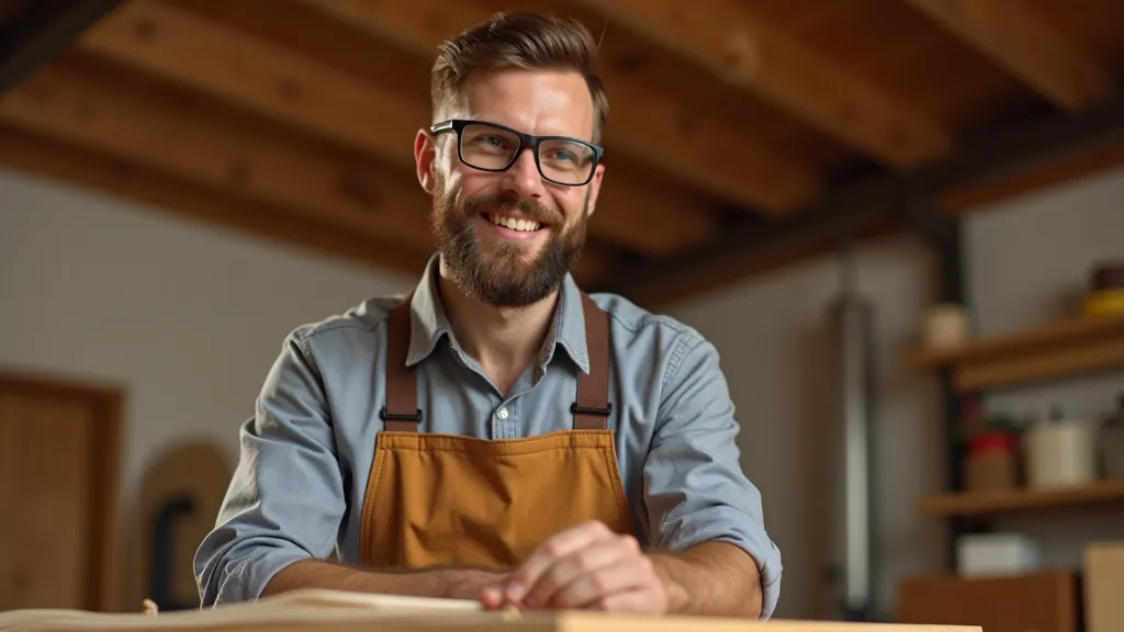Person wearing safety glasses and work apron in a workshop, standing near workbench