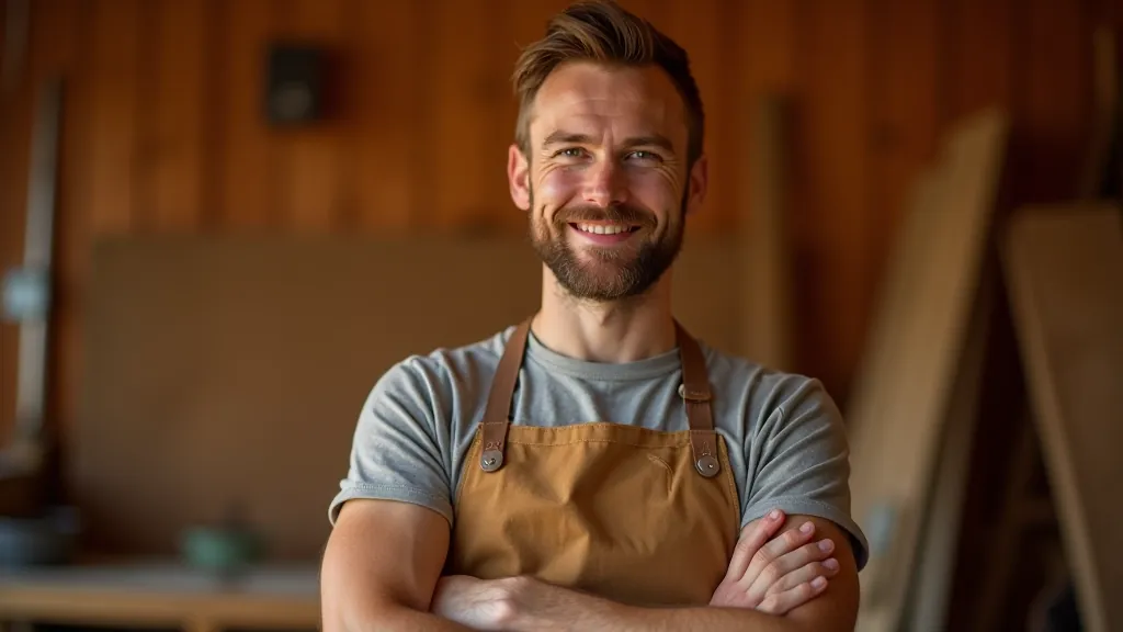 Portrait of experienced woodworker in workshop, standing confidently near workbench