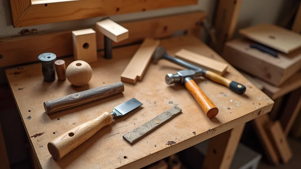 Workshop bench with various hand tools arranged on wooden surface, natural lighting