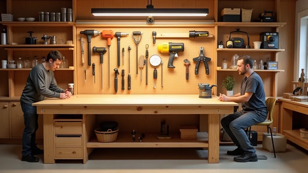 Properly arranged woodworking workbench with clear work surface, tools organized on wall mount, adequate lighting from overhead, and clear floor space around work area