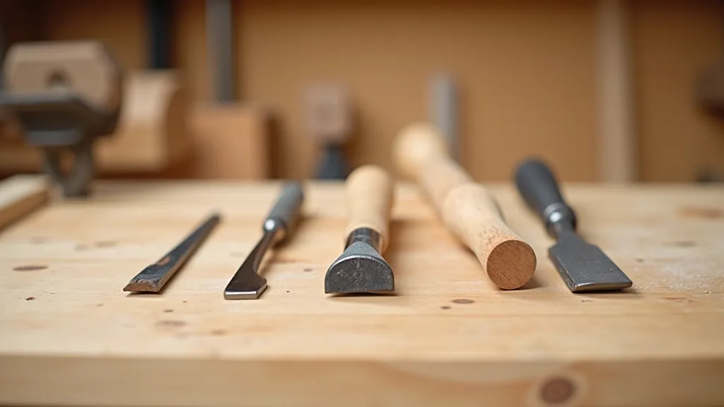 Workbench with basic hand tools laid out neatly on wood surface, natural workshop lighting